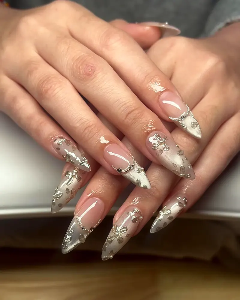 Clear stilettos with silver chrome flowers