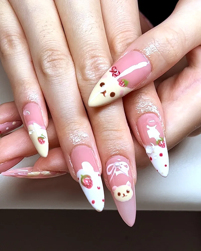 Pink and cream almond nails with Korilakkuma faces, strawberries and bows