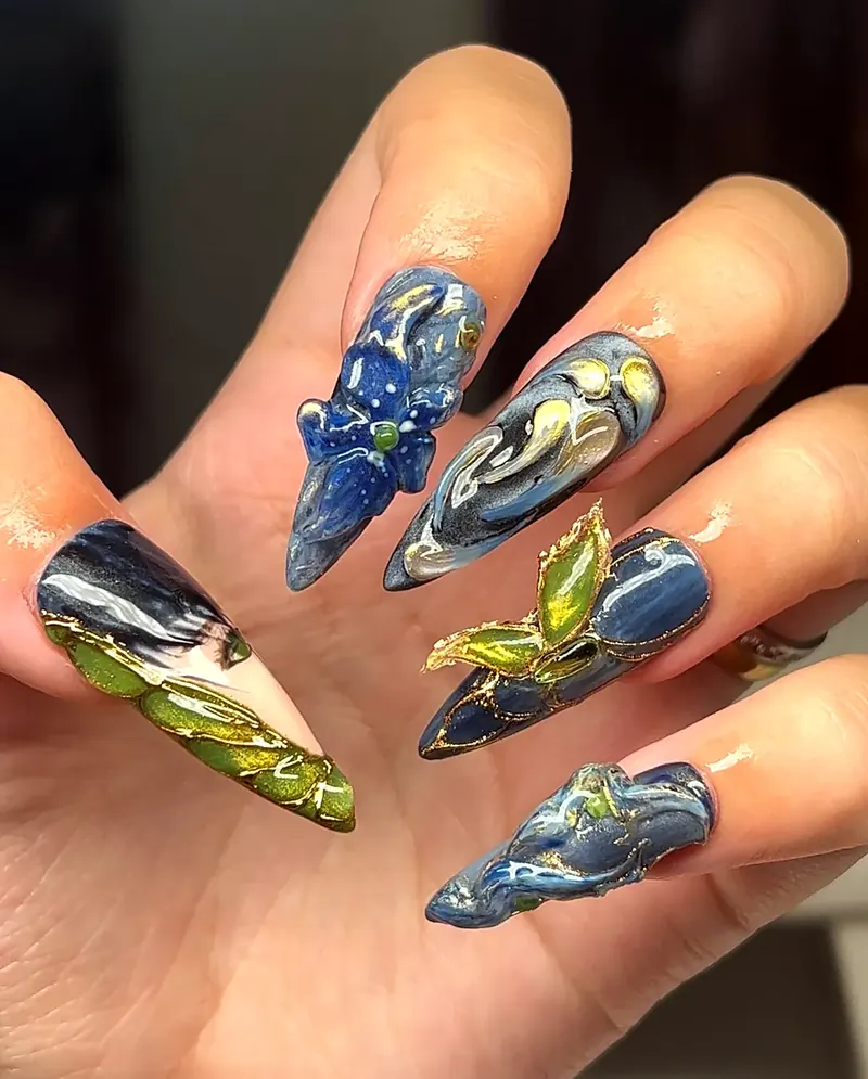 Blue marble stilettos with gold and green chrome swirls